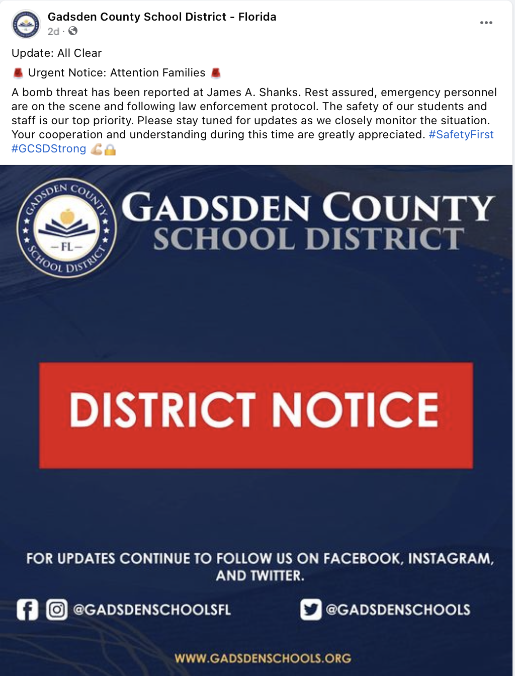 Gadsden County School District bomb threat 03/11/2024