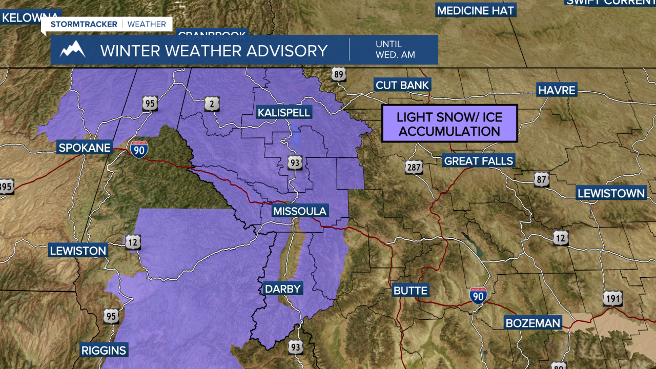 Winter Weather Advisory for ice and light snow accumulation through Wednesday morning