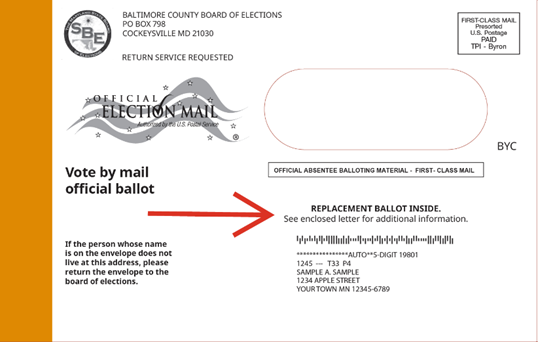 Maryland State Board of Elections sample replacement ballot envelope Maryland Elections primary 2026