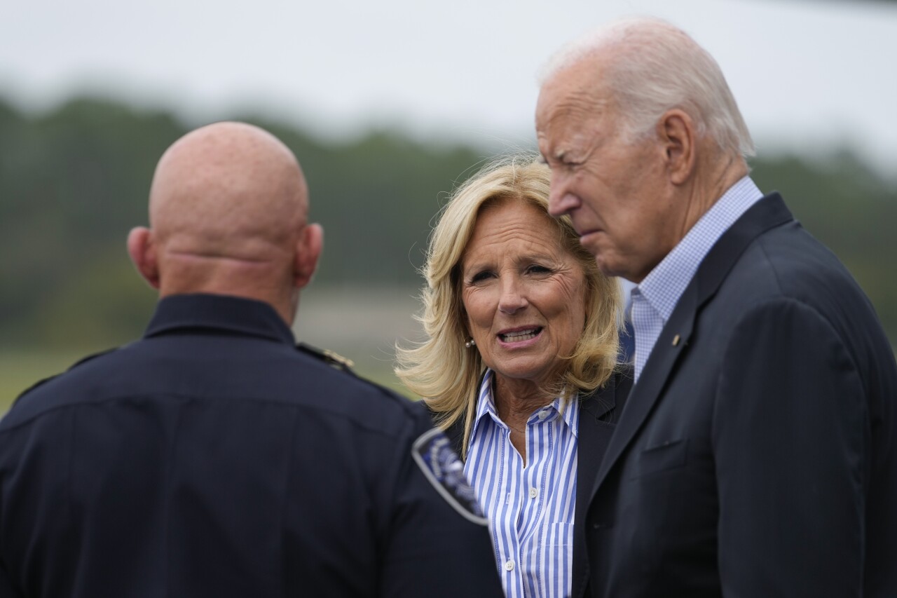 President Joe Biden and first lady Jill Biden arrive at Gainesville Regional Airport, Saturday, Sept. 2, 2023, in Gainesville, Fla. The Bidens are in Florida to survey damage caused by Hurricane Idalia. (AP Photo/Julio Cortez)