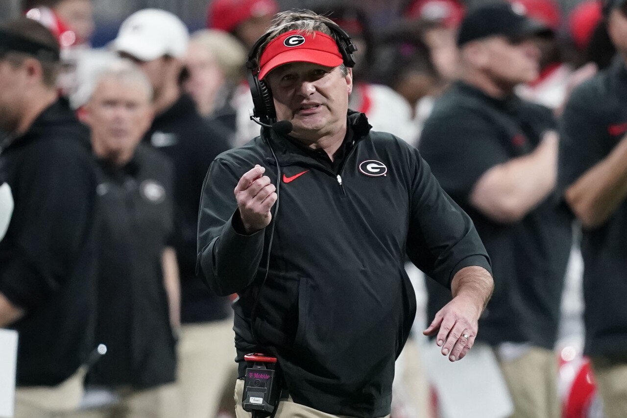 Georgia Bulldogs head coach Kirby Smart gestures during 2023 SEC Championship game