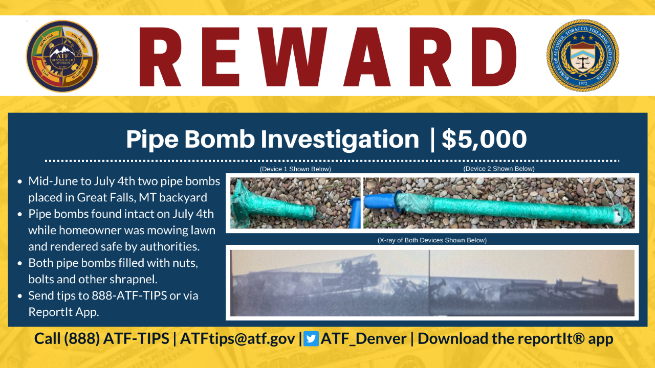 Reward offered after explosive devices found in Great Falls