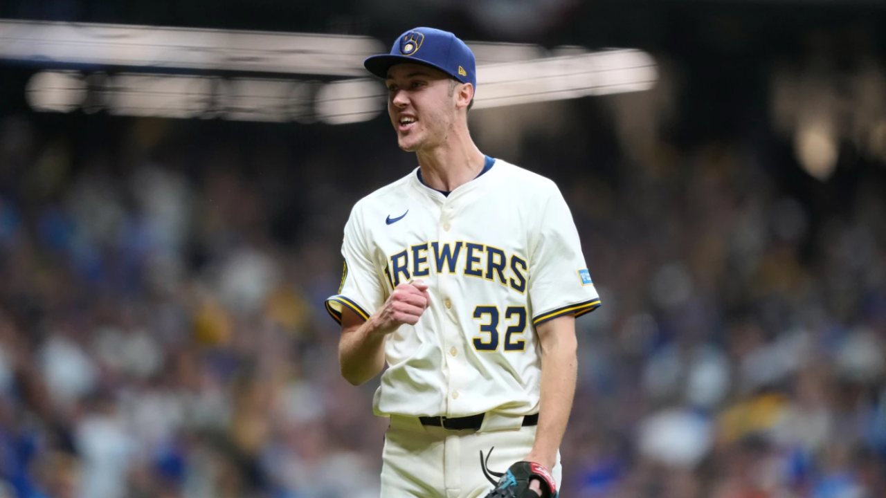 Milwaukee Brewers pitcher Jacob Misiorowski (32) reacts to an out against the Chicago Cubs during the fifth inning of Game 5 of baseball's National League Division Series, Saturday, Oct. 11, 2025, in Milwaukee.