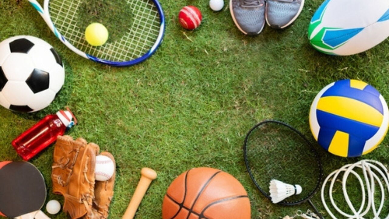 Stock image of various sports equipment.