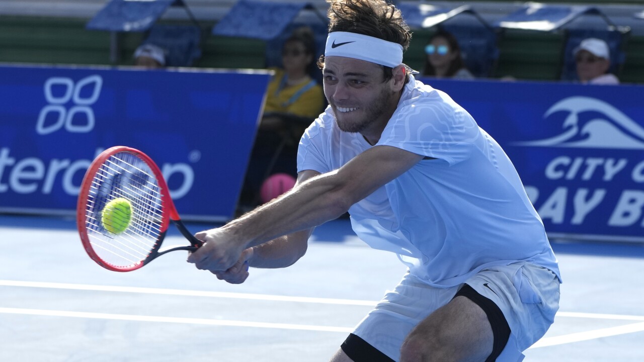 Taylor Fritz hits return to Miomir Kecmanovic during final match of Delray Beach Open, Feb. 19, 2023