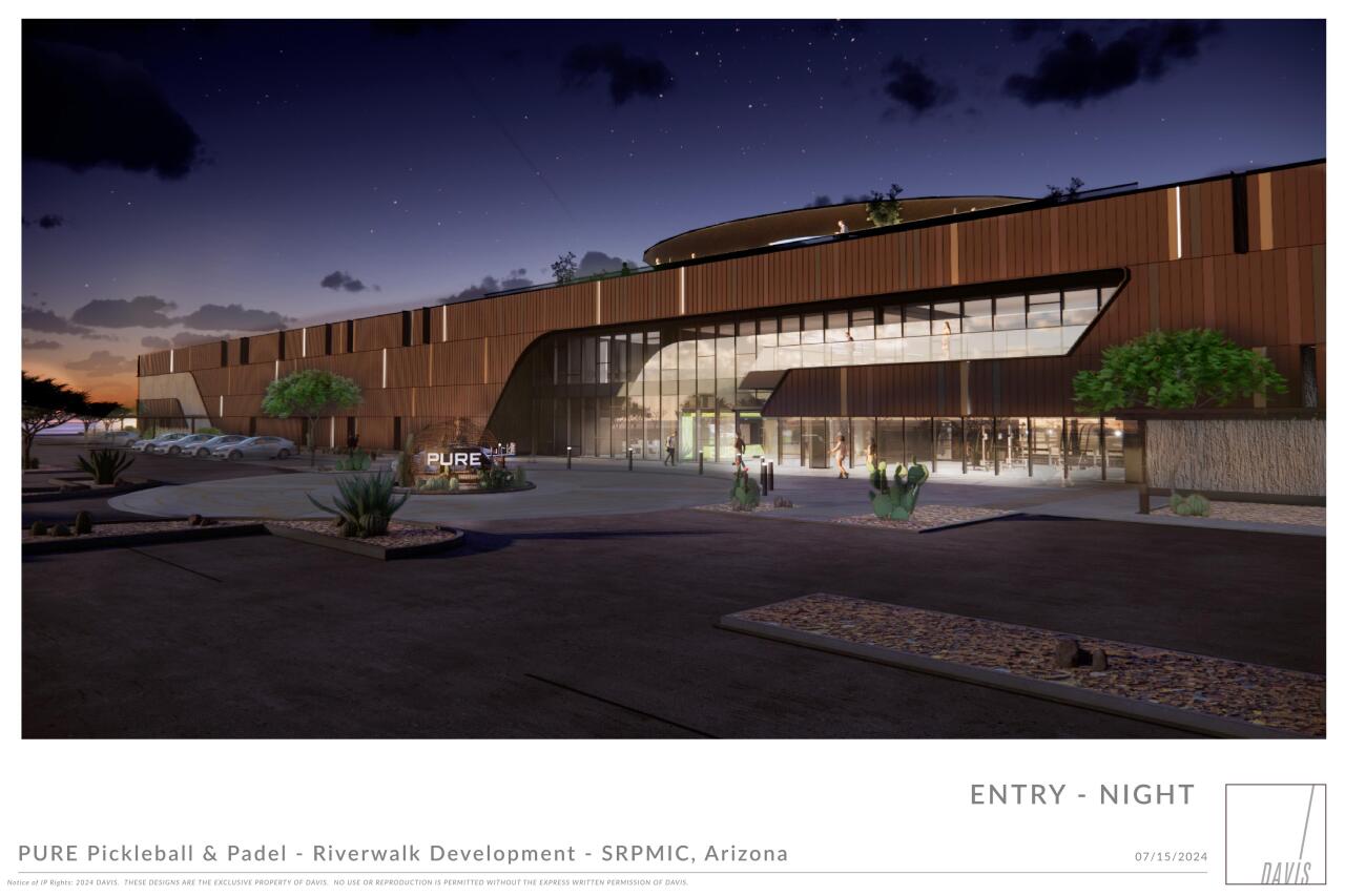 Renderings of the entry of the PURE Pickleball & Padel location.