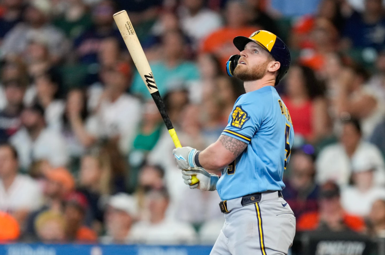 Milwaukee Brewers' Jake Bauers watches his two-run home run against the Houston Astros during the fourth inning of a baseball game, Sunday, May 31, 2026, in Houston.