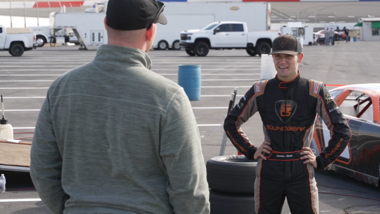 Neighborhood News Reporter Sam Hoyle interviewing Landen Lewis, a driver out of North Carolina