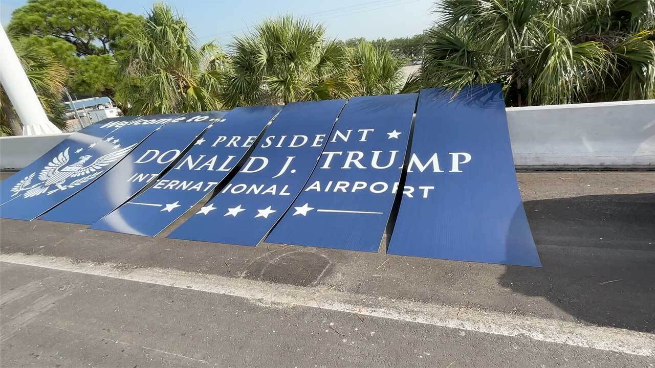Workers were spotted at the airport entrance on July 8, 2026, adding a new sign that says "Welcome to President Donald J. Trump International Airport."