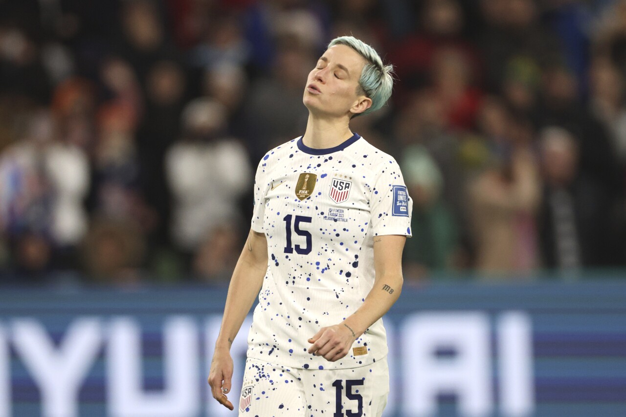 Megan Rapinoe reacts after missing to score during penalty shootout vs. Sweden, Aug. 6, 2023