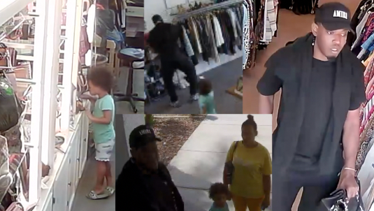 Parents, toddler caught on camera stealing high-dollar luxury bags from Las Vegas small consignment businesses.