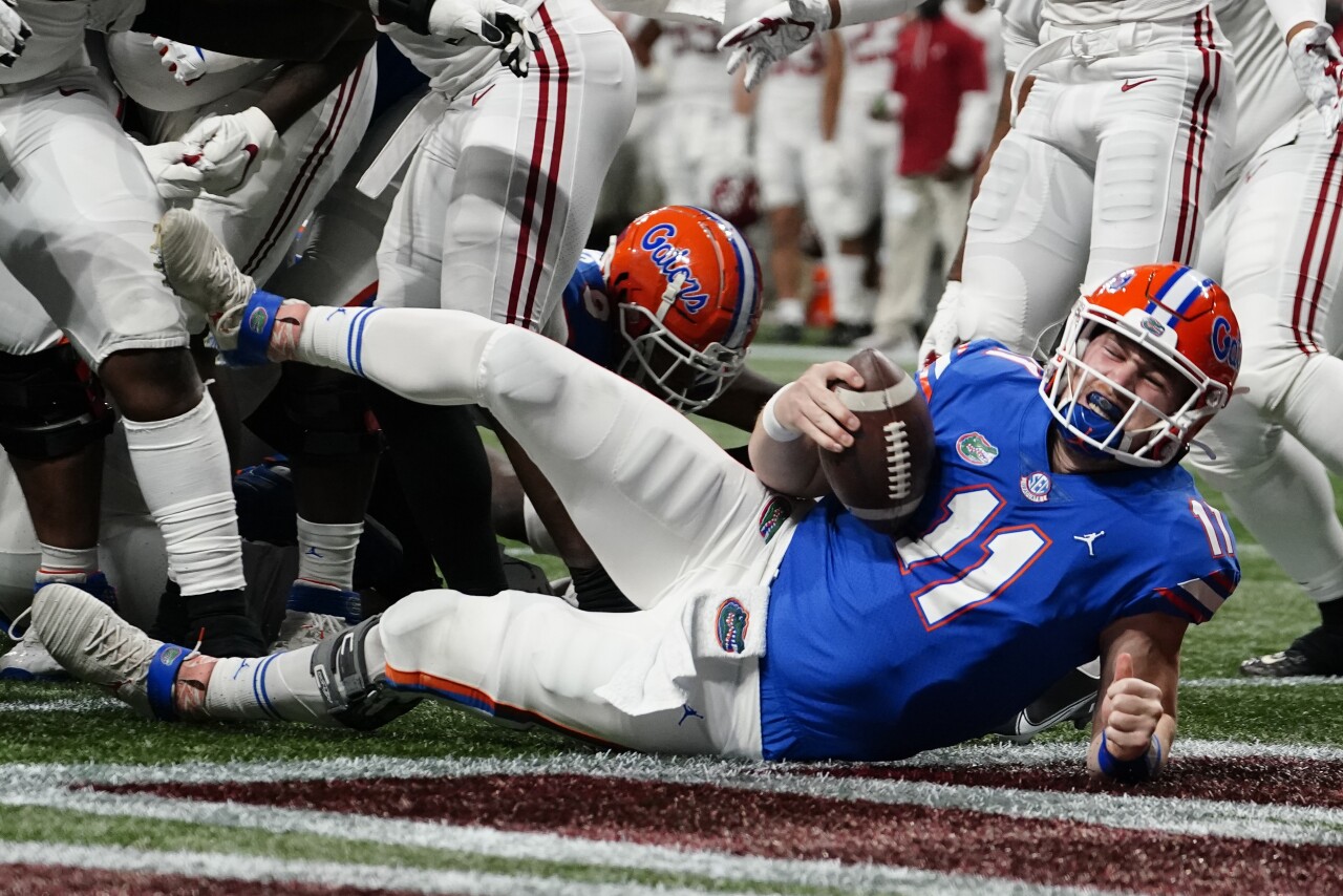 Florida Gators QB Kyle Trask leaps into end zone vs. Alabama Crimson Tide in 2020 SEC Championship