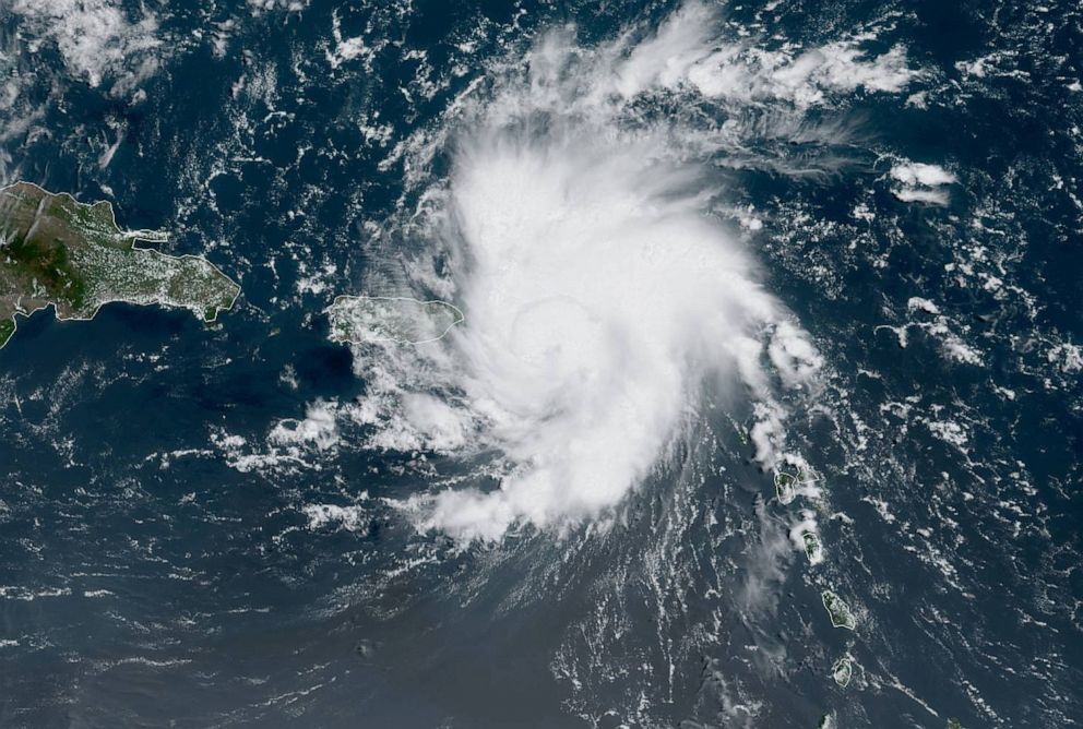 Tropical Storm Dorian bears down on Puerto Rico in a satellite image from NOAA captured on Aug. 28, 2019.