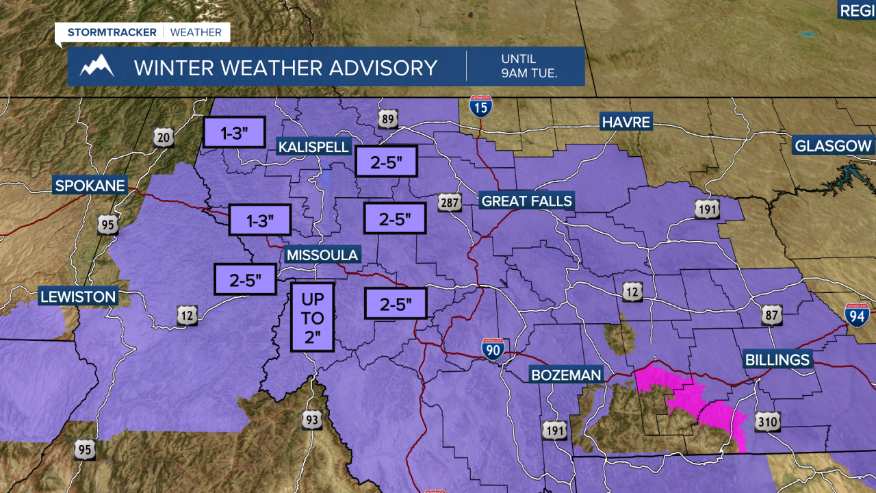 Winter Weather Advisories in effect Monday night through Tuesday morning