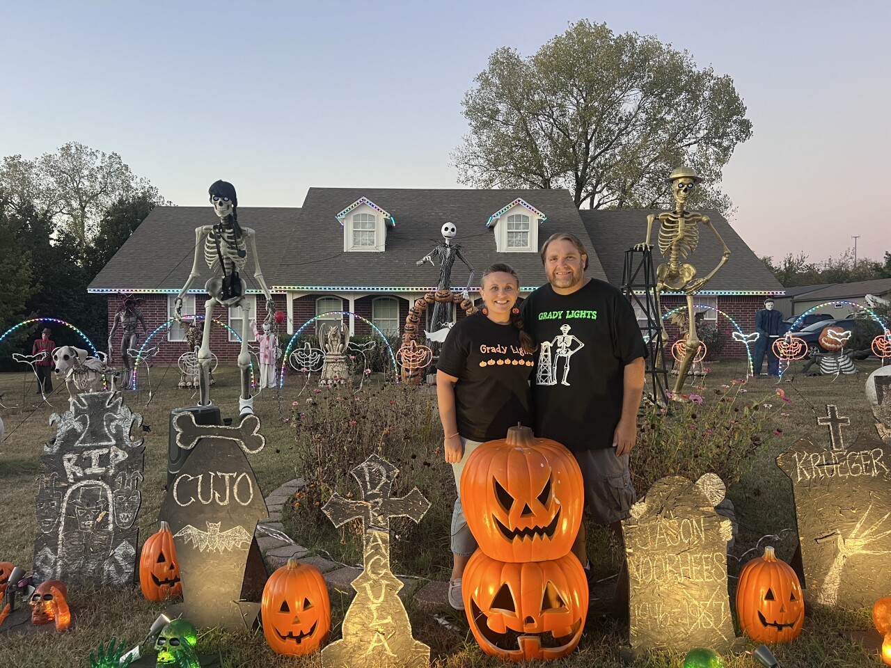 "WE'RE KIDS AT HEART": Oklahoma couple draws crowds with elaborate Halloween display