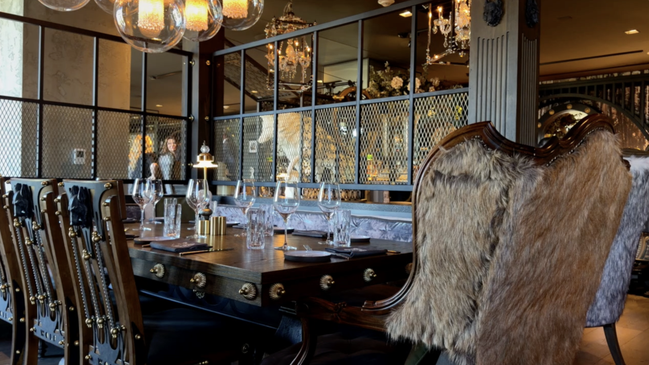 The faux fur on the chairs is a key element of the restaurant’s textured design.