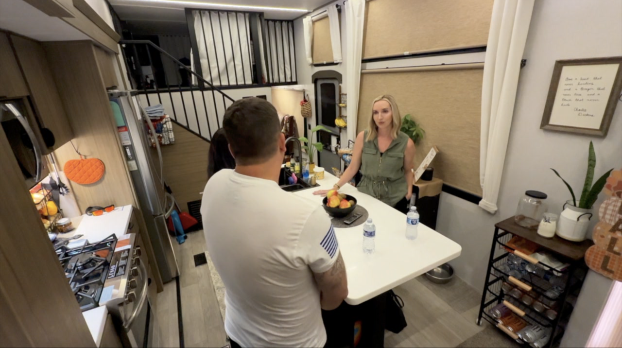 I-Team Reporter Kylie McGivern with the Pletchers in their trailer on MacDill Air Force Base