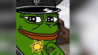 A frog holds a Star of David and wears a Nazi hat with a Swastika on it.