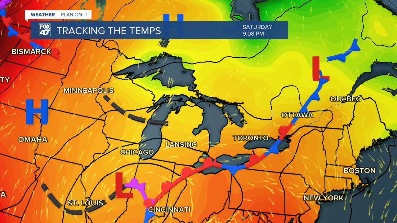 Weakening low pressure at the surface interacts with the surface frontal passage driving showers and storms through the weekend