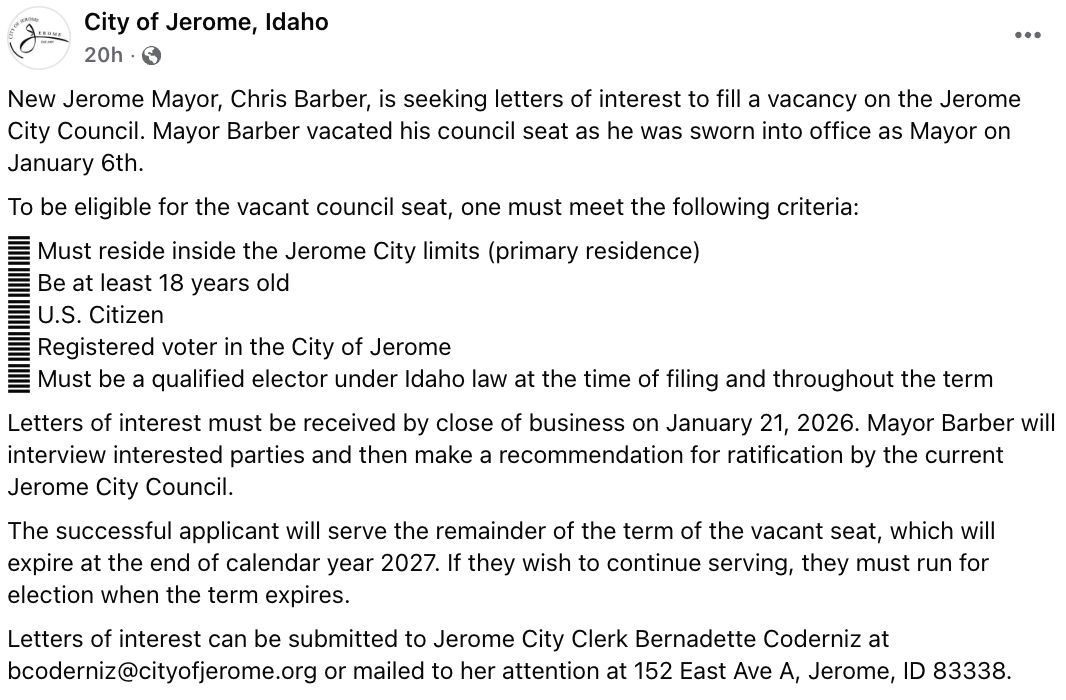 The City of Jerome is now seeking applicants for Barber's vacant council seat