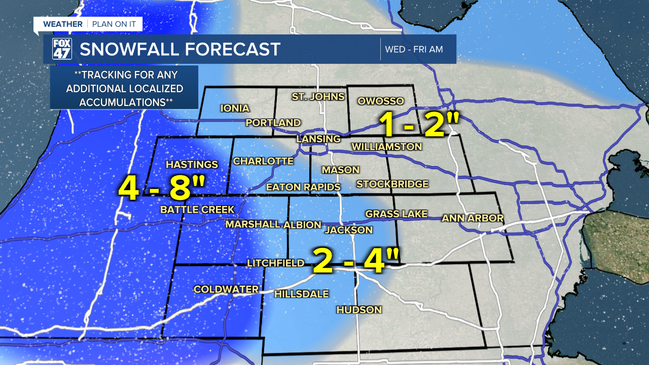 Up to 4" across our southern neighborhoods Wednesday through Friday morning with heavier accumulations out west