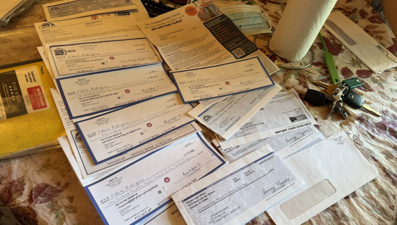 Solicitations which look like checks sent to Fidela Rodriguez seeking to buy her home