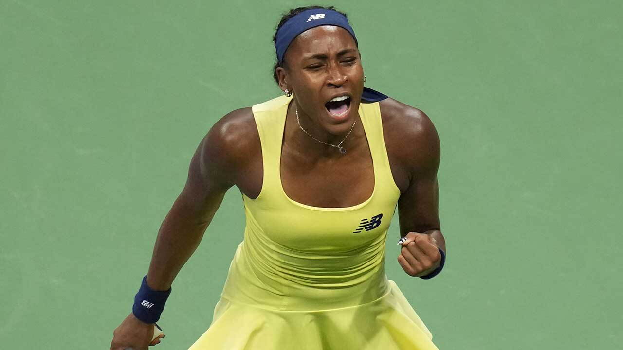 Coco Gauff, of the United States, reacts during the women's singles semifinals of the U.S. Open tennis championships against Elena Rybakina, of Kazakhstan, Thursday, Sept. 10, 2026, in New York.  