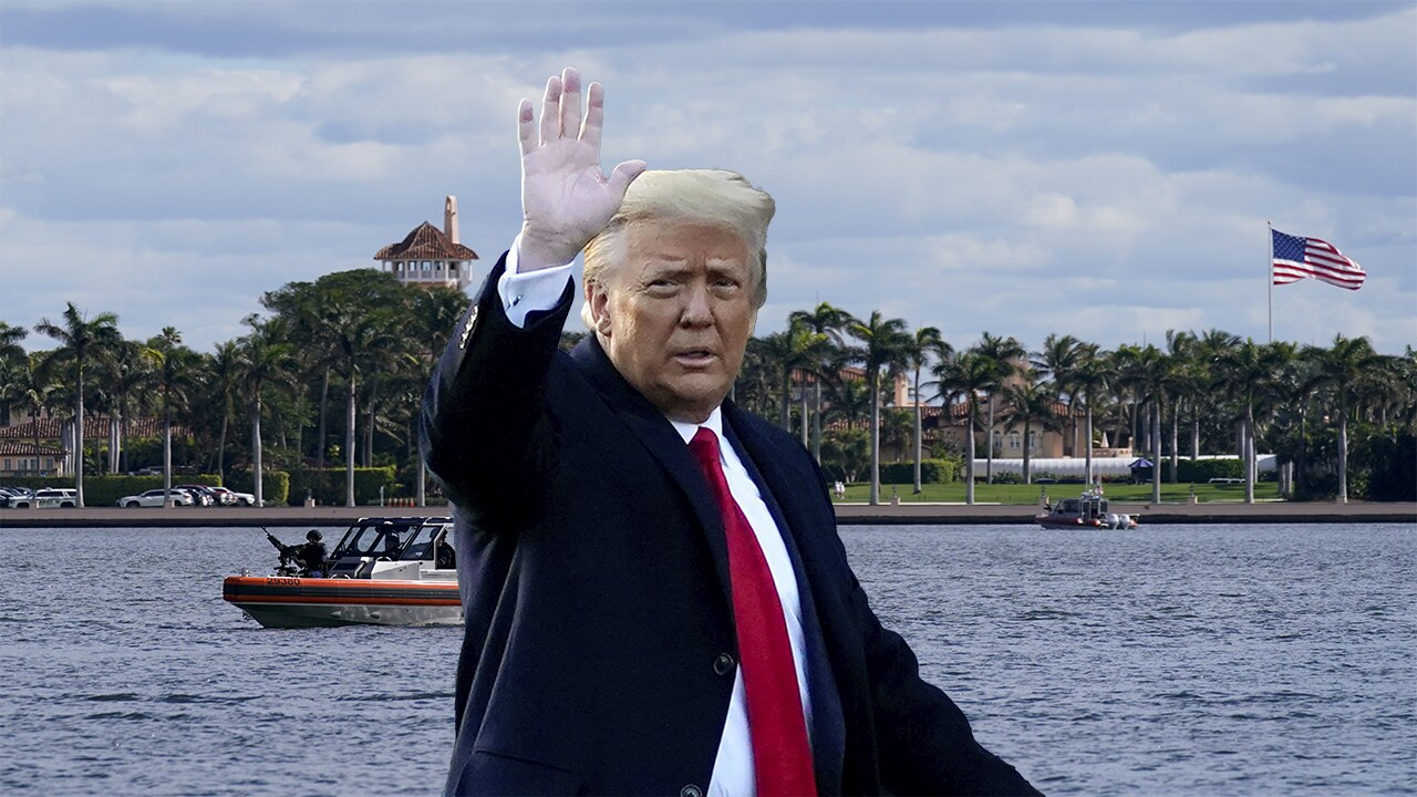 President Donald Trump superimposed over Mar-a-Lago Club, January 2021