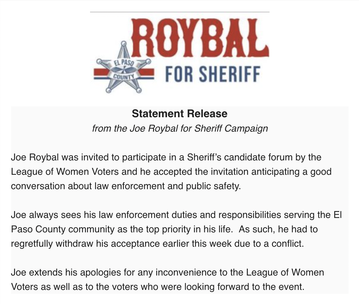 Copy of the statement from Undersheriff Joe Roybal's campaign.