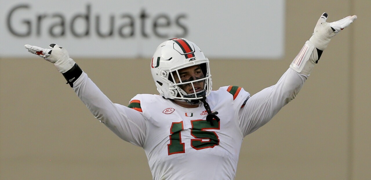 Miami Hurricanes defensive end Jaelan Phillips celebrates vs. Virginia Tech Hokies in 2020