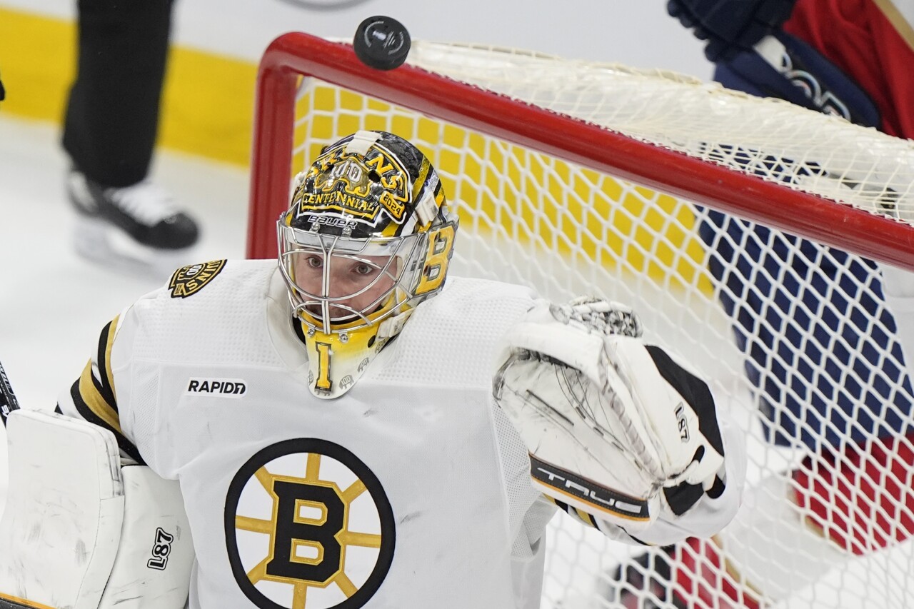 Boston Bruins goaltender Jeremy Swayman (1) deflects shot during second period of second-round playoff series opener, May 6, 2024