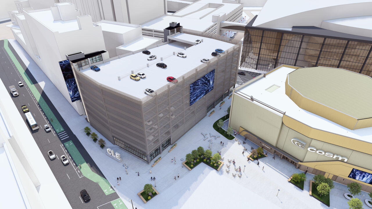 A conceptual image shows an eight-story garage proposed by Bedrock in Cleveland's Gateway District, just north of Rocket Arena.