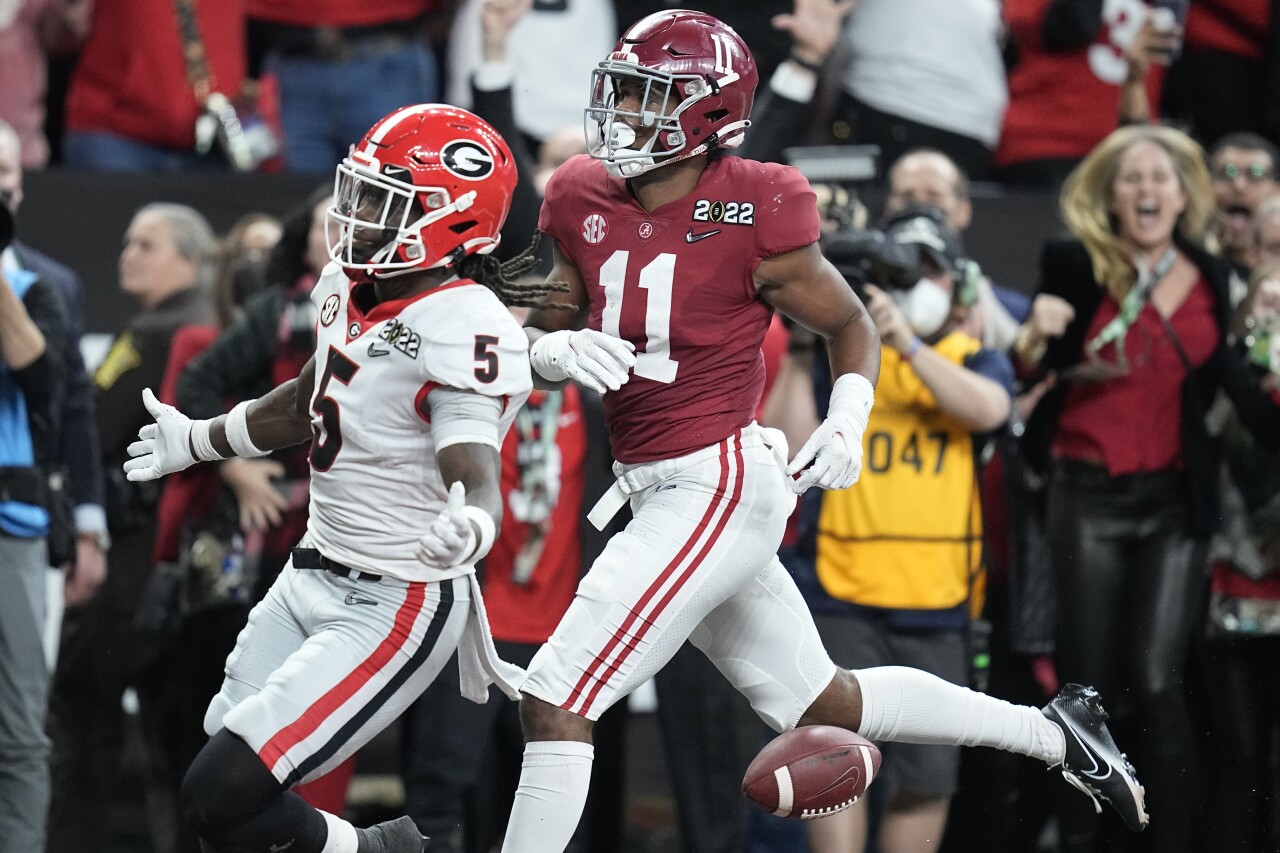 Georgia Bulldogs cornerback Kelee Ringo celebrates after interception return for TD vs. Alabama Crimson Tide in College Football Playoff National Championship, Jan. 10, 2022