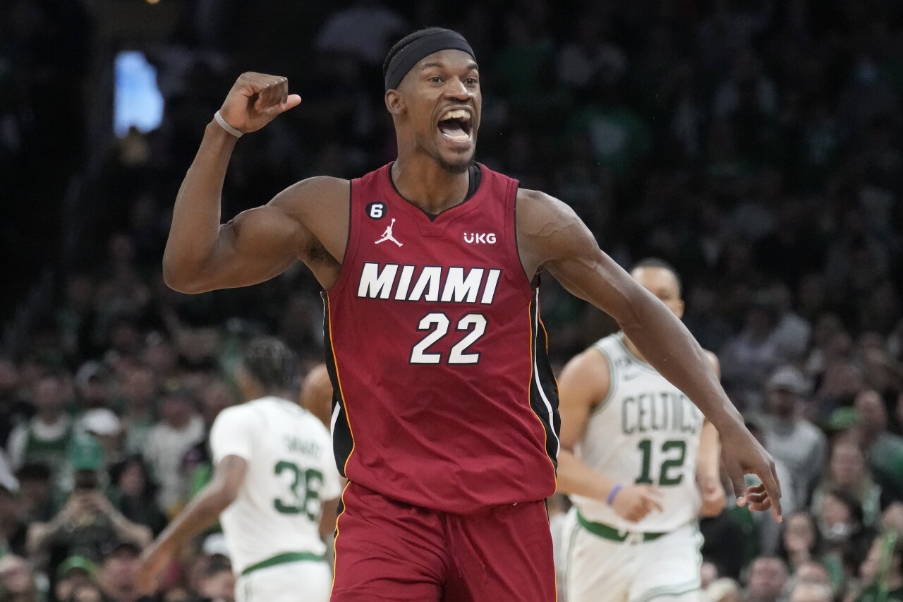 Miami Heat forward Jimmy Butler celebrates during second half of Game 2 of NBA Eastern Conference finals, May 19, 2023