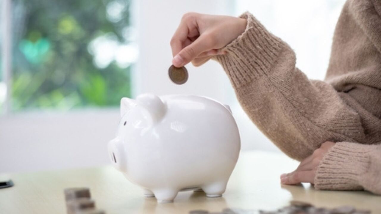 Stock image of a person putting a coin into a piggy bang.