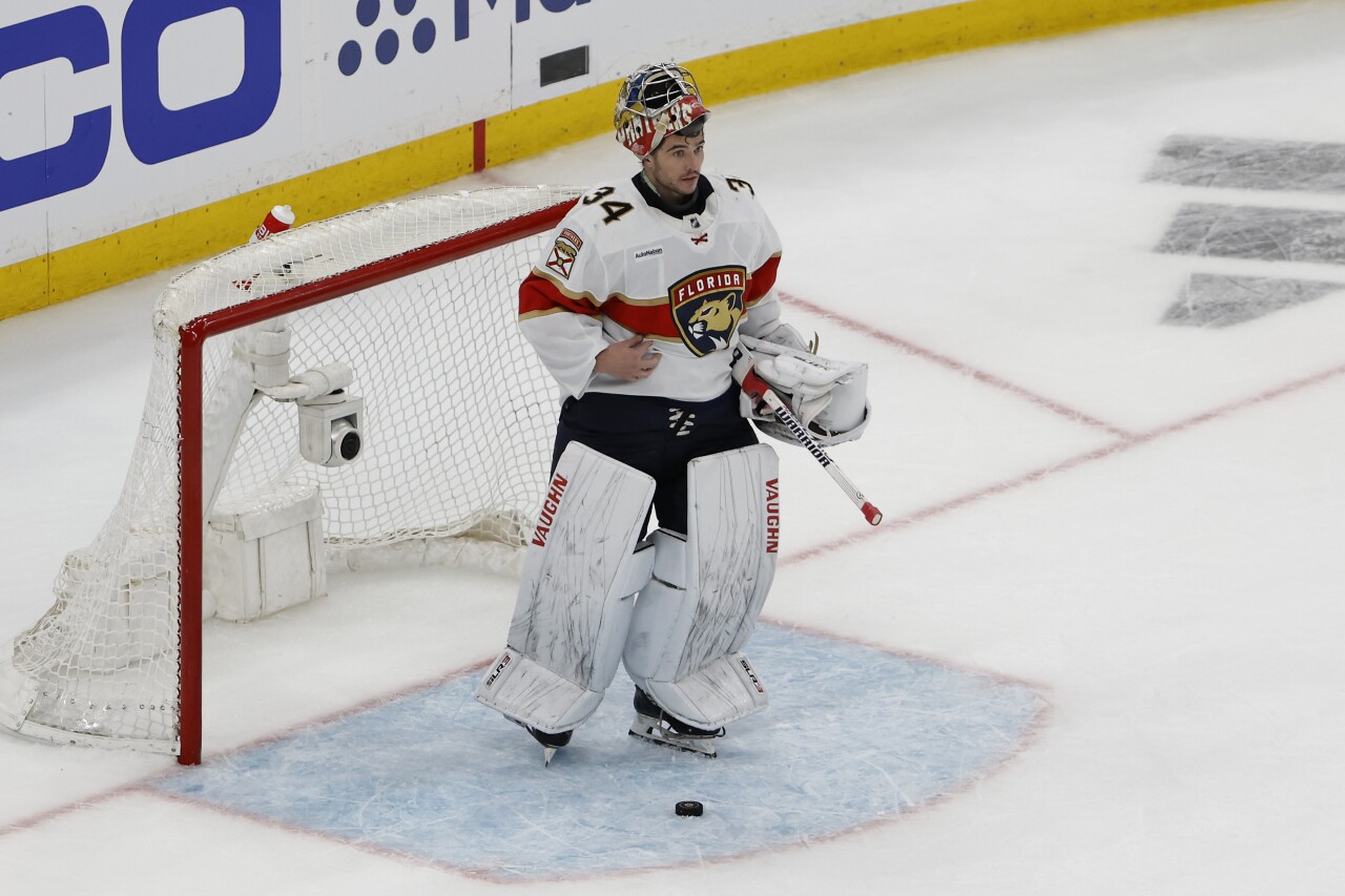 Florida Panthers goaltender Alex Lyon after giving up goal to Boston Bruins in Game 1 of playoff series, April 17, 2023