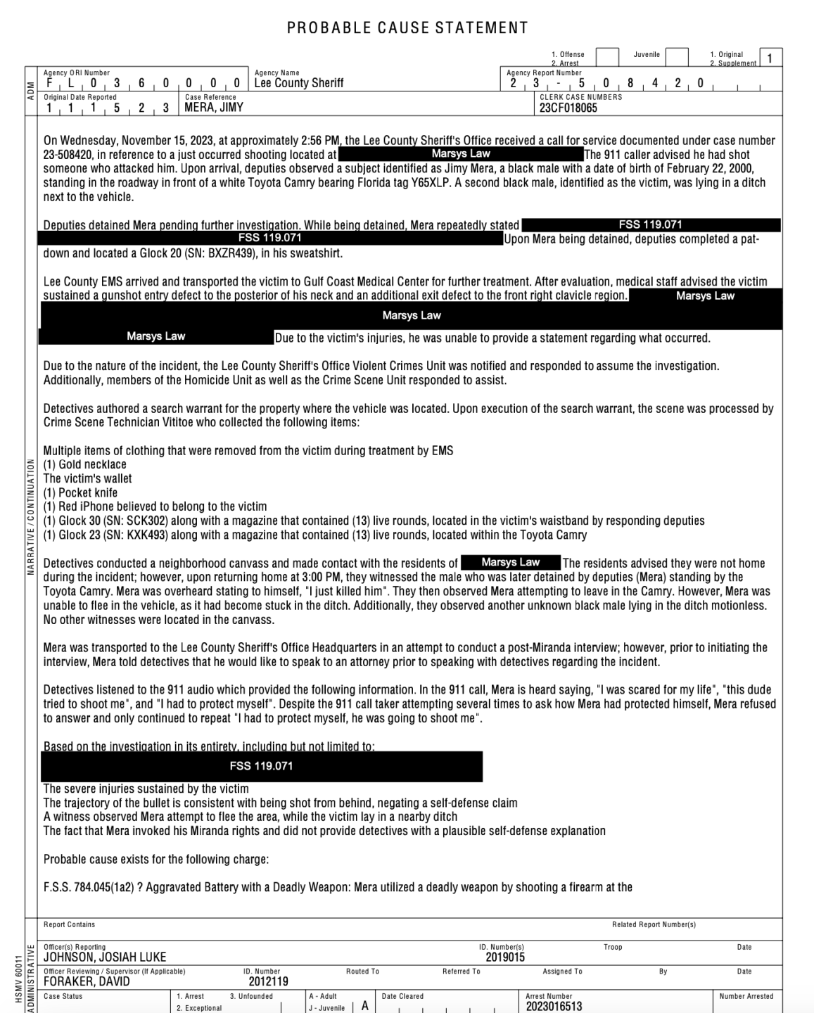 LCSO Probable Cause report for shooting on Hamilton