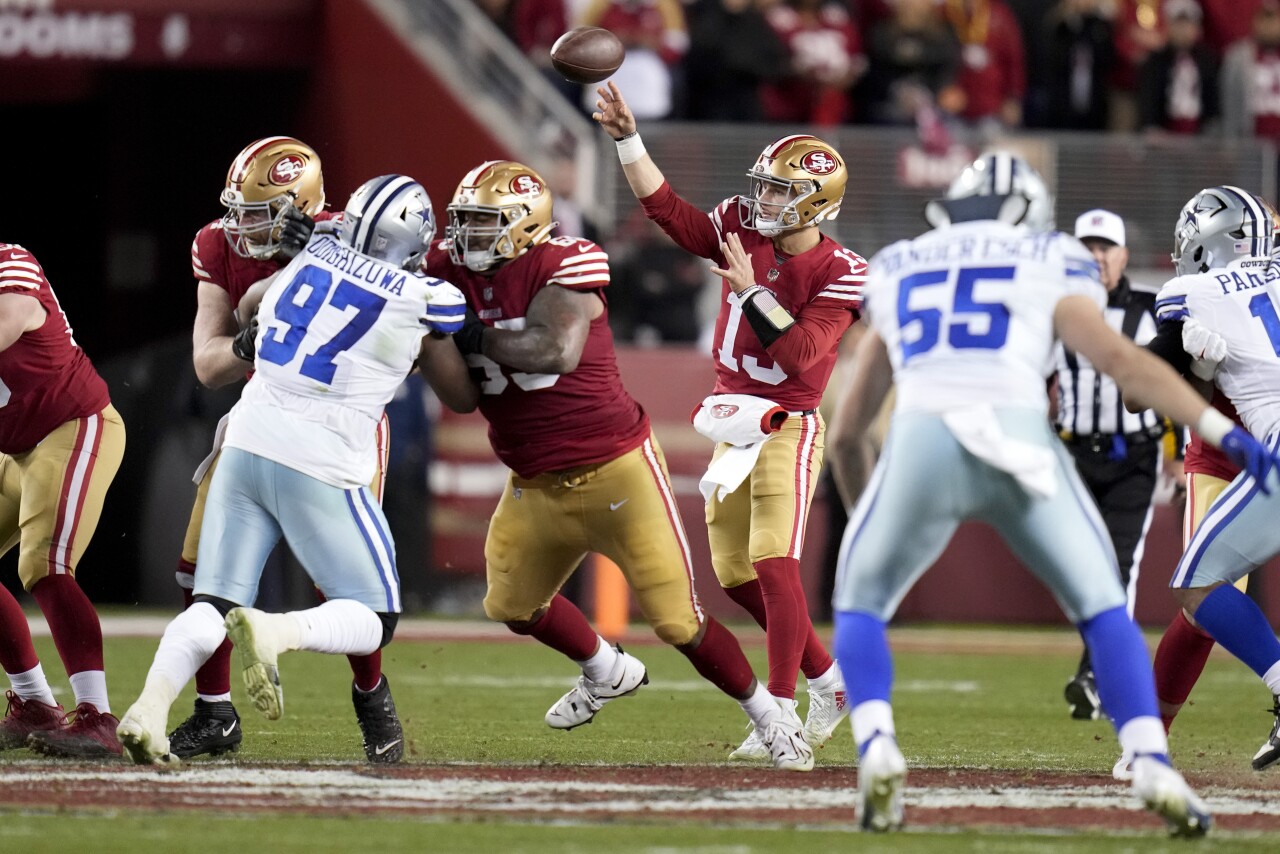 San Francisco 49ers QB Brock Purdy throws vs. Dallas Cowboys in NFC divisional playoff game, Jan. 22, 2023