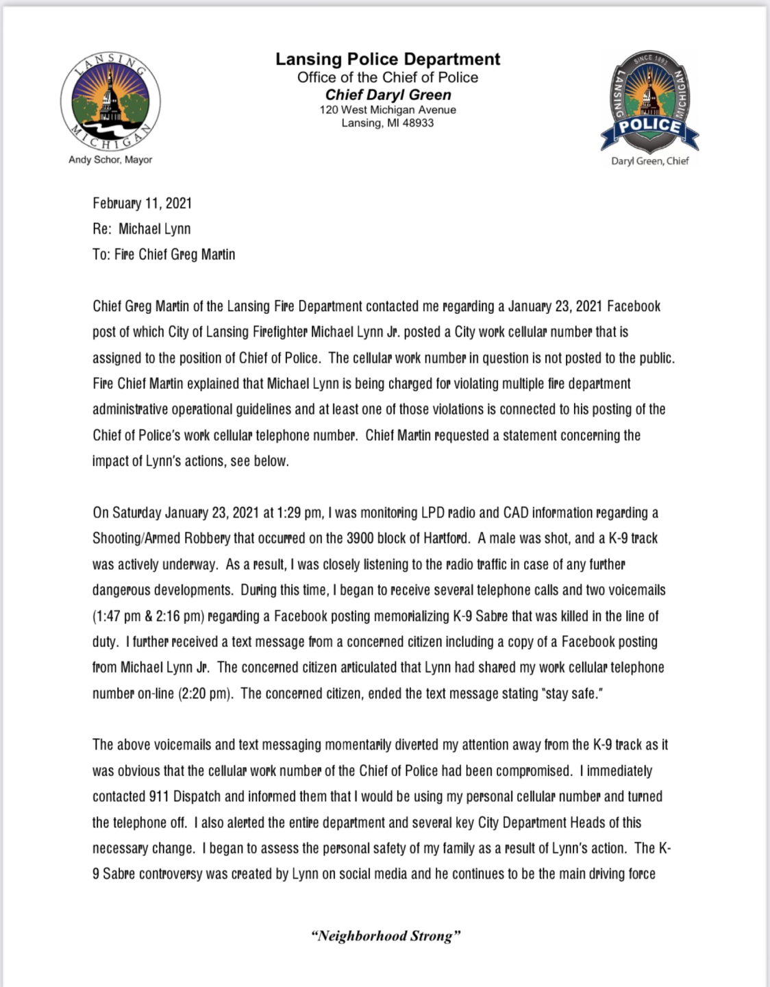 Letter from Chief Daryl Green to LFD
