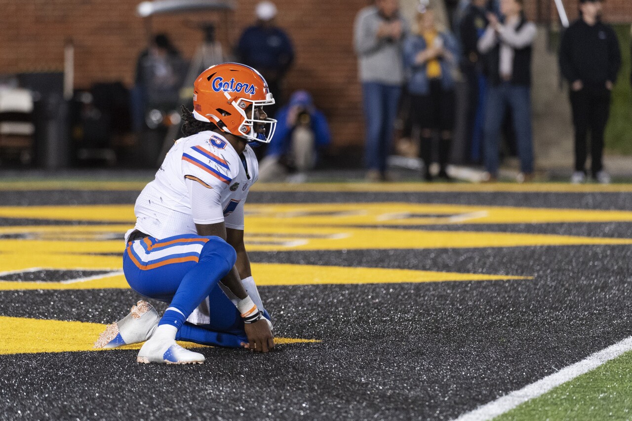 Florida Gators QB Emory Jones sits in Missouri Tigers end zone after incomplete pass in fourth quarter in 2021