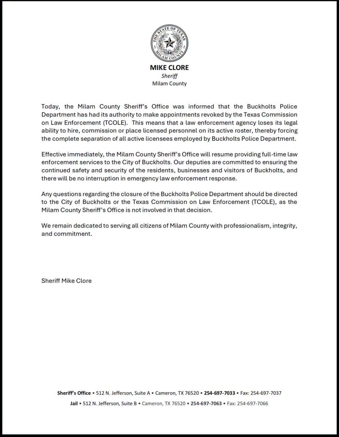 Milam County Press Release