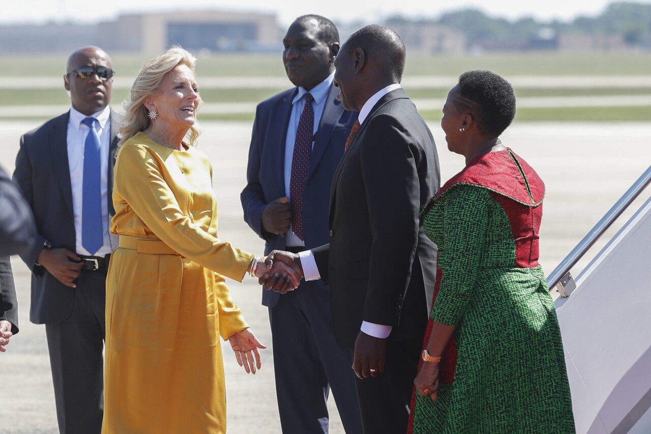 First lady Jill Biden greets Kenya's President William Ruto and first lady Rachel Ruto as they arrive at Andrews Air Force Base.