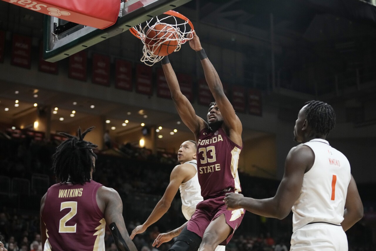 Florida State Seminoles forward Jaylan Gainey dunks during first half at Miami Hurricanes, Jan. 17, 2024