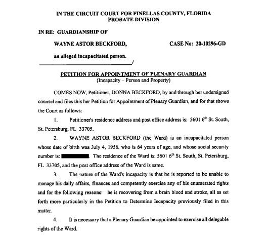 Donna Beckford Petition to Be Plenary Guardian of Wayne Beckford