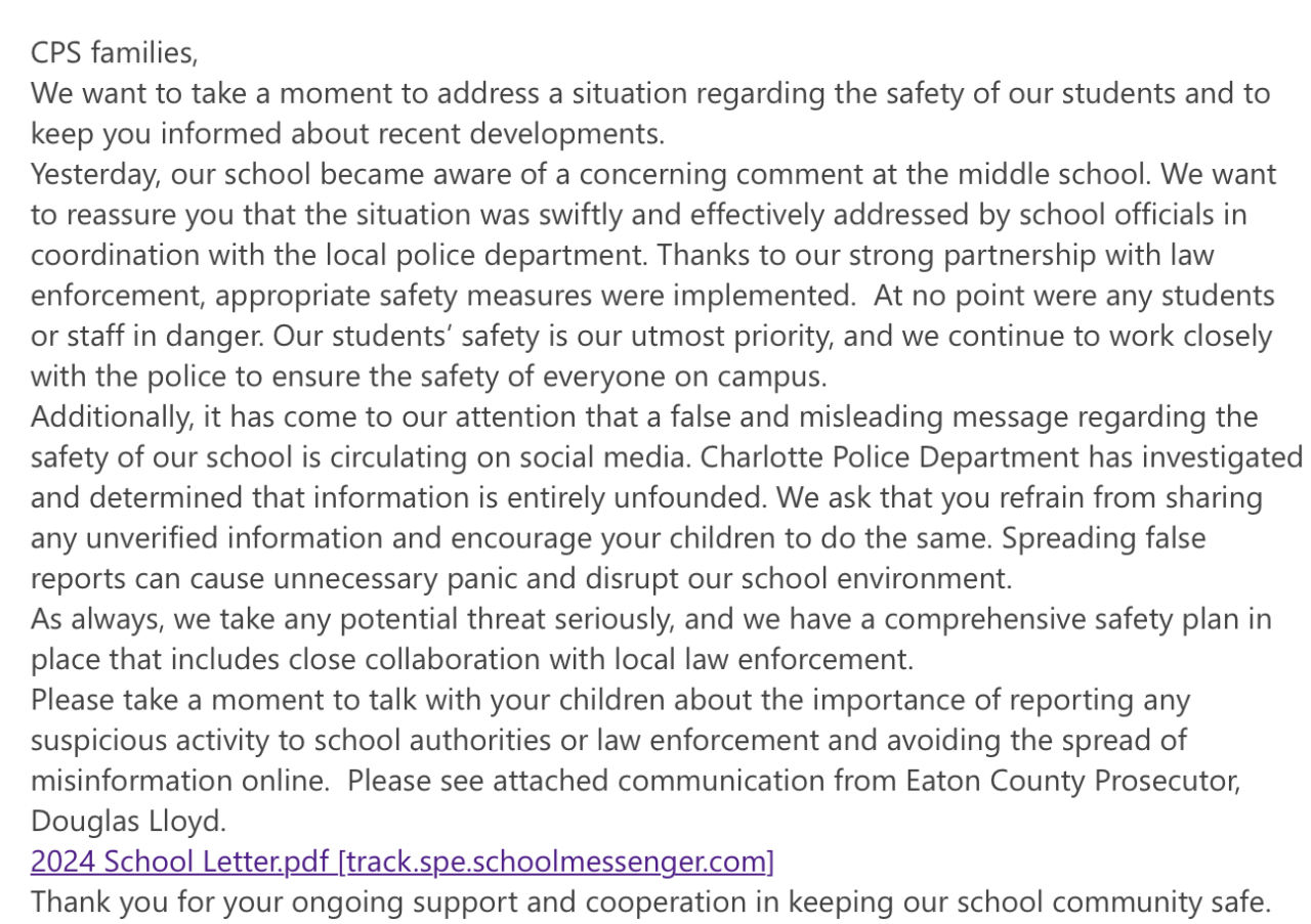 Email to parents from the Charlotte School district about the alleged threat that was investigated on Wednesday