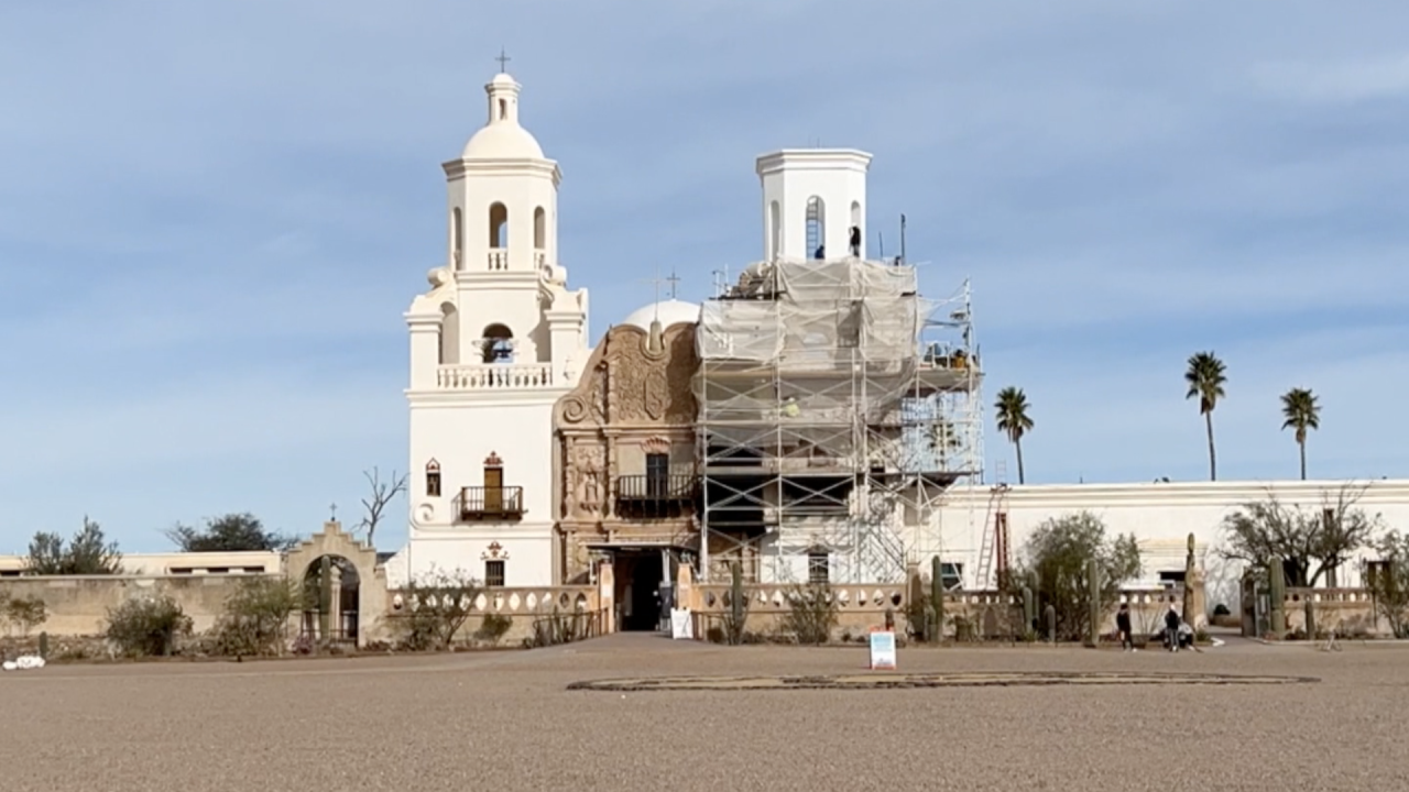 Scaffolding covering the Mission's East Tower, as seen in Jan. 2022.