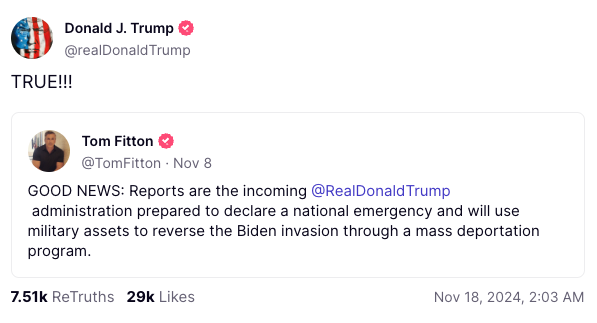Trump screenshot on Truth Social about mass deportation and military