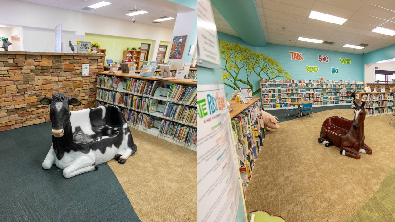 Basha Library has reading areas with animal-themed chairs.
