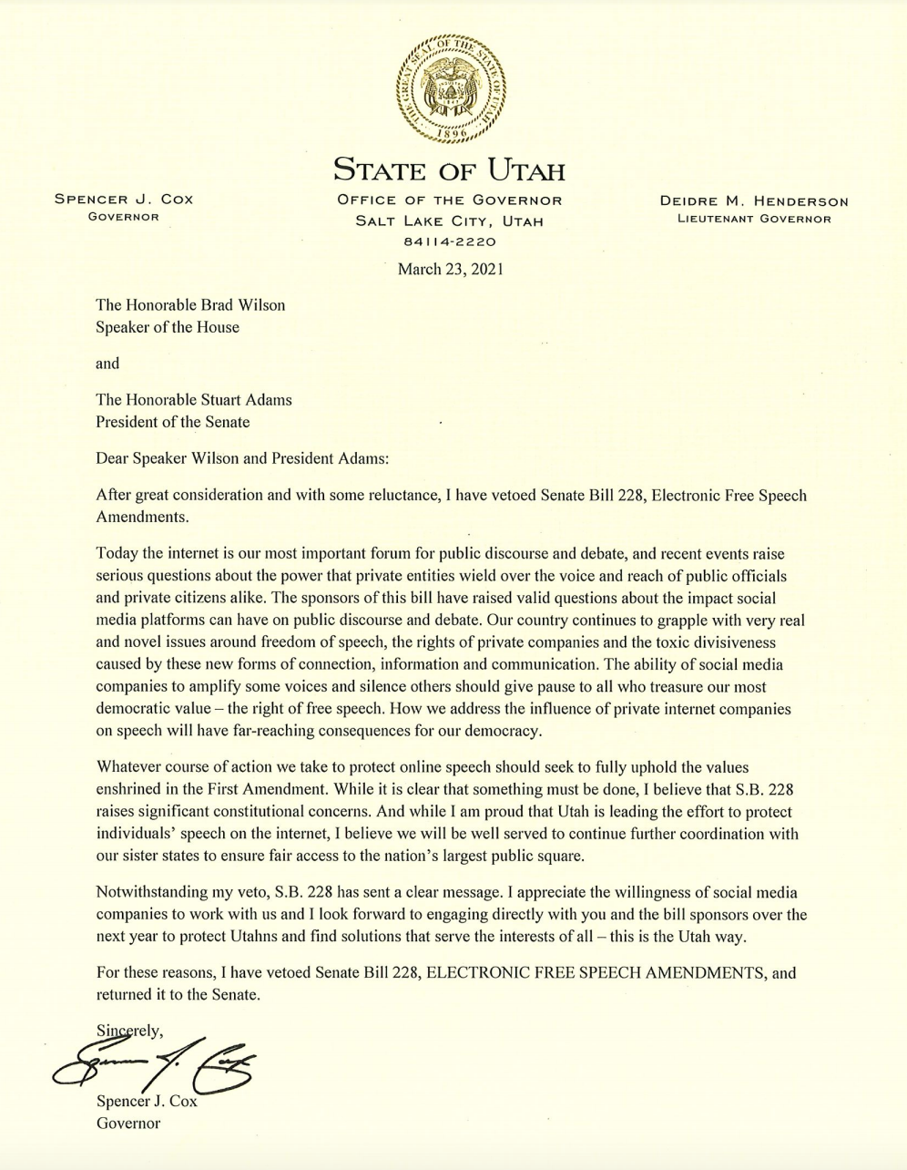 Governor veto letter 