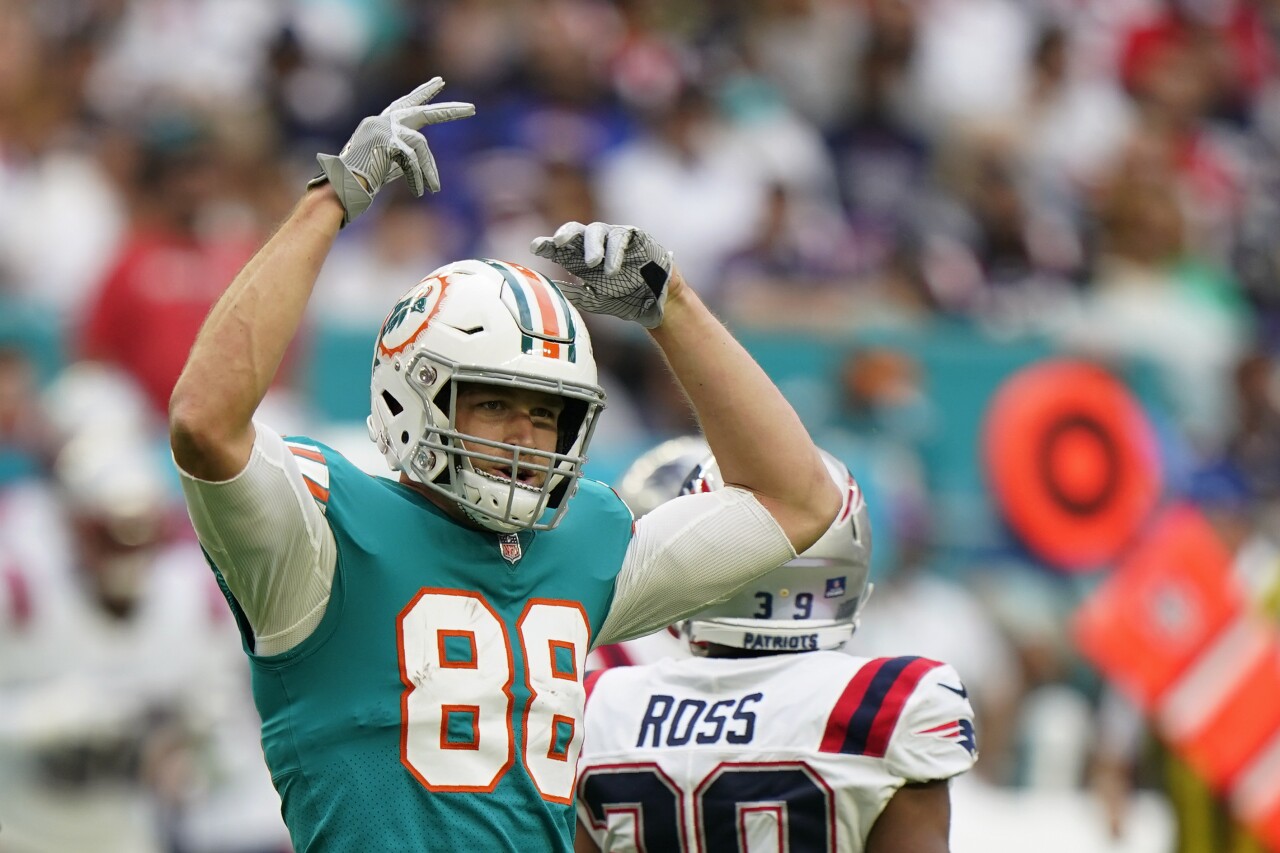 Miami Dolphins tight end Mike Gesicki celebrates vs. New England Patriots, Jan. 9, 2022